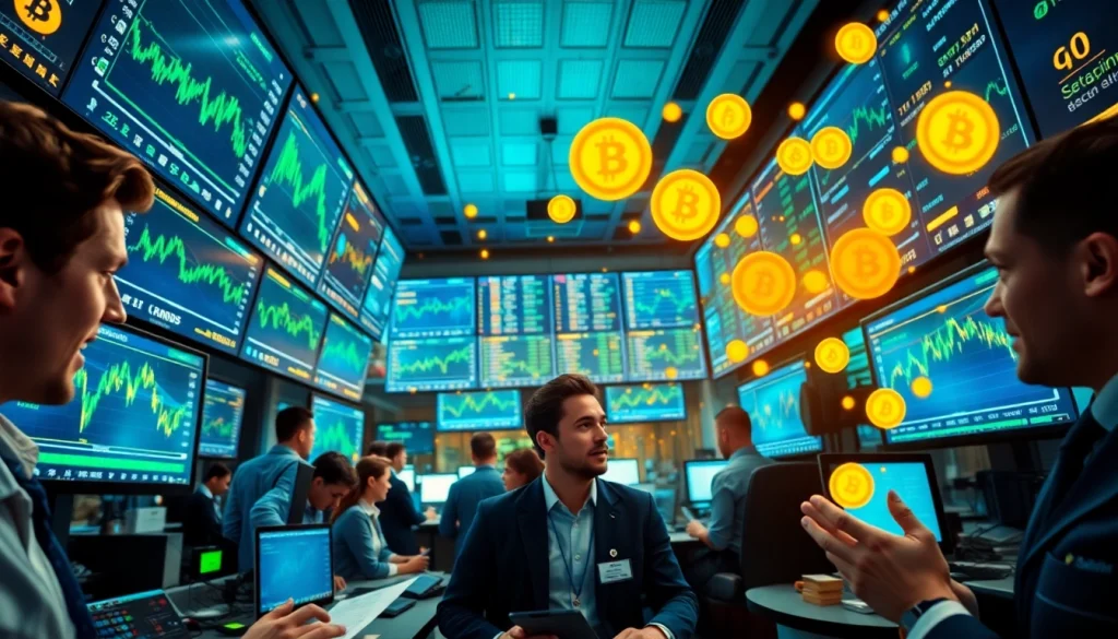 Experience the dynamic energy of Crypto trading with traders analyzing market charts and digital currencies.