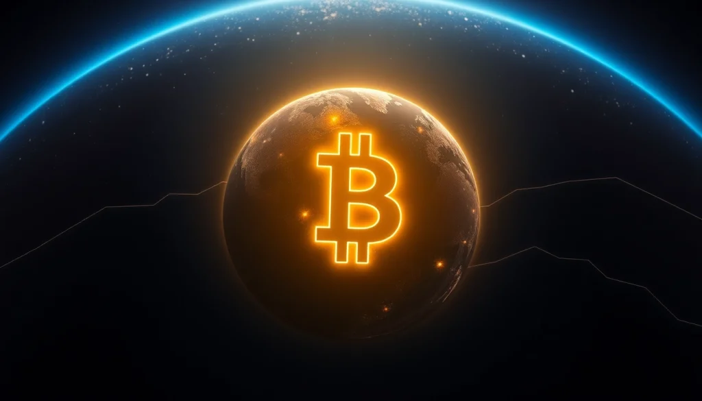 Discover the powerful Bitcoin symbol glowing against a dark planet, representing digital financial empowerment.