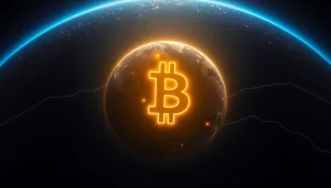 Discover the powerful Bitcoin symbol glowing against a dark planet, representing digital financial empowerment.