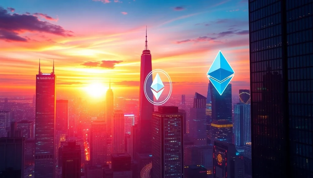 Explore the thriving crypto economy through a vibrant futuristic city skyline at sunset.