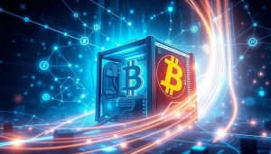 Explore Bitcoin mining through a captivating illustration of a futuristic mining rig, highlighting blockchain technology.