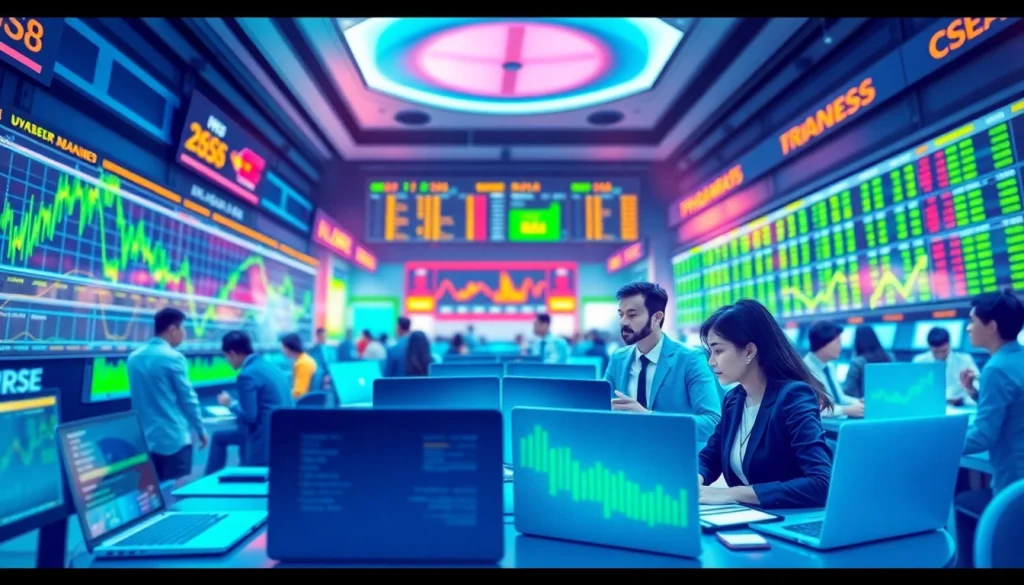 Explore Tradings with vibrant stock market visuals and dynamic trading scenes filled with energetic traders.