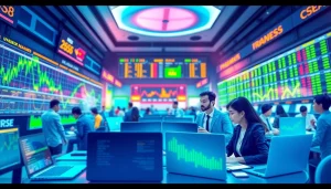 Explore Tradings with vibrant stock market visuals and dynamic trading scenes filled with energetic traders.