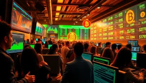 Engage with Bitcoin traders in a modern digital hub, witnessing real-time price fluctuations dramatically.