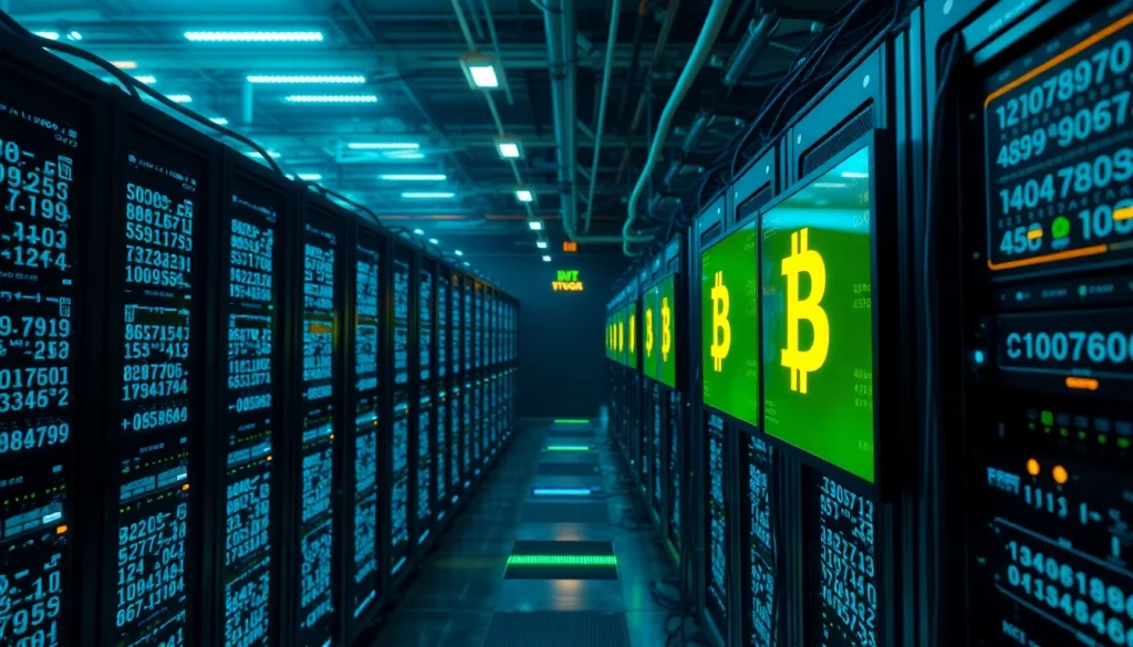 Discover Bitcoin mining processes in a high-tech digital art scene featuring advanced mining rigs.