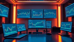 Explore cutting-edge trading tools in a high-tech workspace, showcasing a modern trading setup with advanced charts and analysis.
